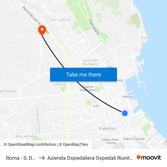 Roma - S. Domenico to Azienda Ospedaliera Ospedali Riuniti Villa Sofia - Cervello map