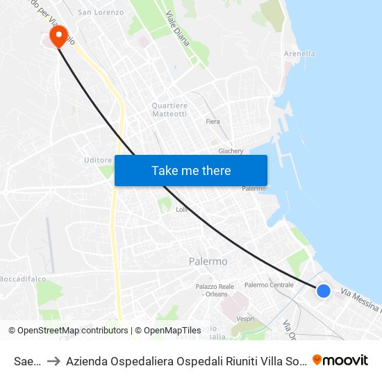 Saetta to Azienda Ospedaliera Ospedali Riuniti Villa Sofia - Cervello map