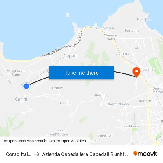 Corso Italia, 199 to Azienda Ospedaliera Ospedali Riuniti Villa Sofia - Cervello map