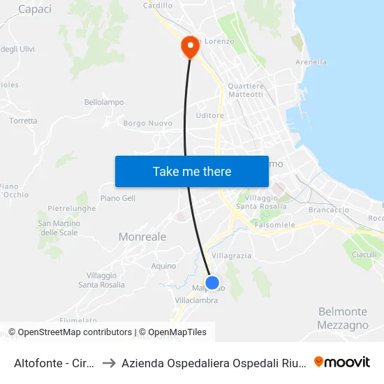 Altofonte - Ciraulo 2 Valle to Azienda Ospedaliera Ospedali Riuniti Villa Sofia - Cervello map