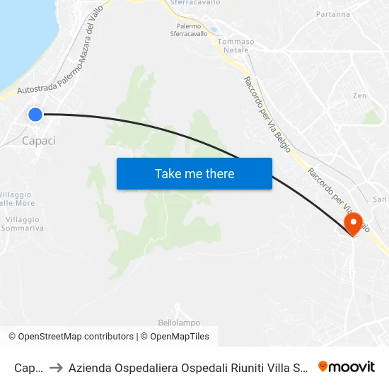Capaci to Azienda Ospedaliera Ospedali Riuniti Villa Sofia - Cervello map