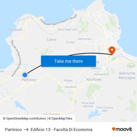 Partinico to Edificio 13 - Facoltà Di Economia map