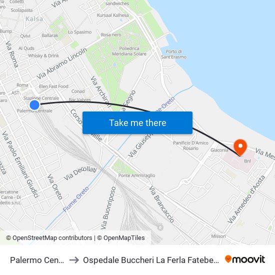 Palermo Centrale to Ospedale Buccheri La Ferla Fatebenefratelli map