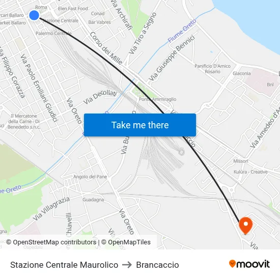 Central Station Maurolico to Brancaccio map