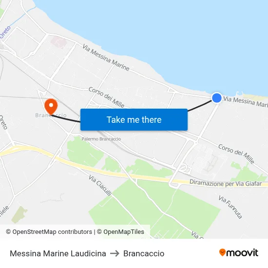 Messina Marine Laudicina to Brancaccio map