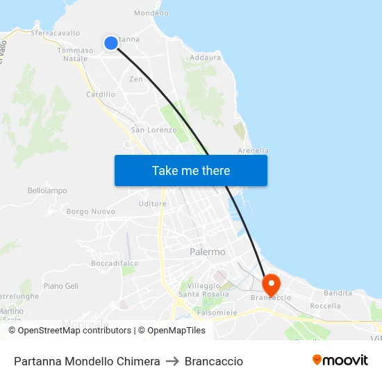 Partanna Mondello Chimera to Brancaccio map