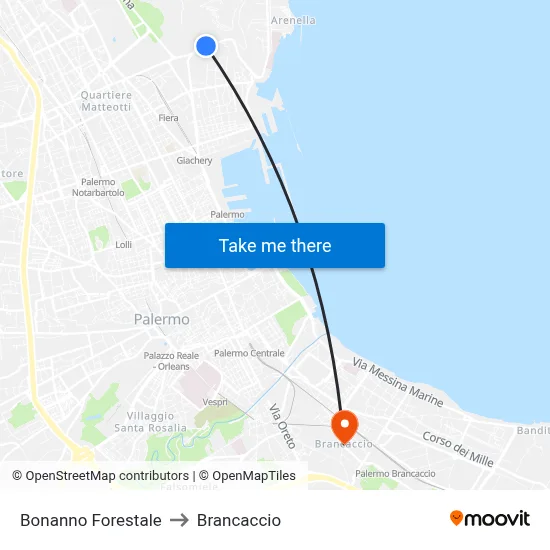 Bonanno Forestale to Brancaccio map