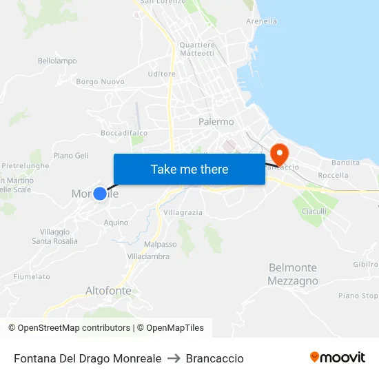 Fontana Del Drago Monreale to Brancaccio map