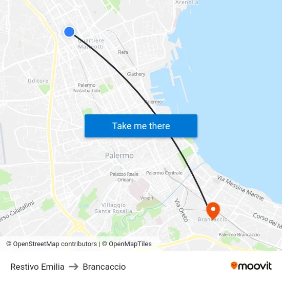 Restivo Emilia to Brancaccio map