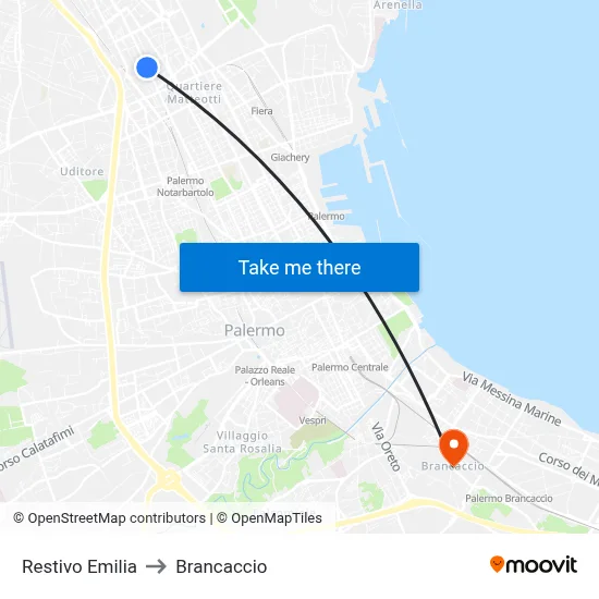 Restivo Emilia to Brancaccio map