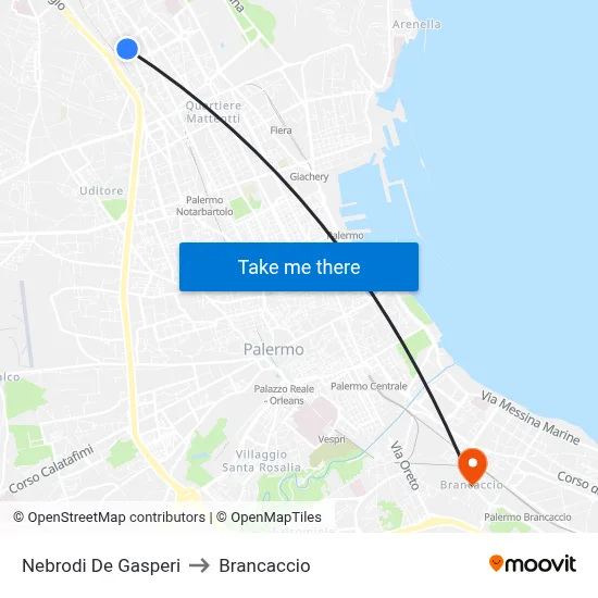 Nebrodi De Gasperi to Brancaccio map