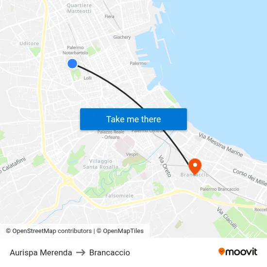Aurispa Merenda to Brancaccio map