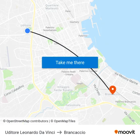 Uditore Leonardo Da Vinci to Brancaccio map