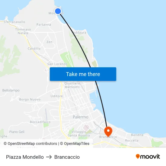 Piazza Mondello to Brancaccio map