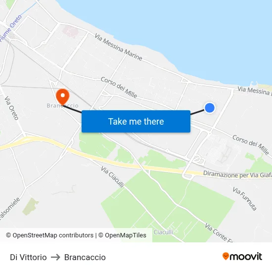 Di Vittorio to Brancaccio map