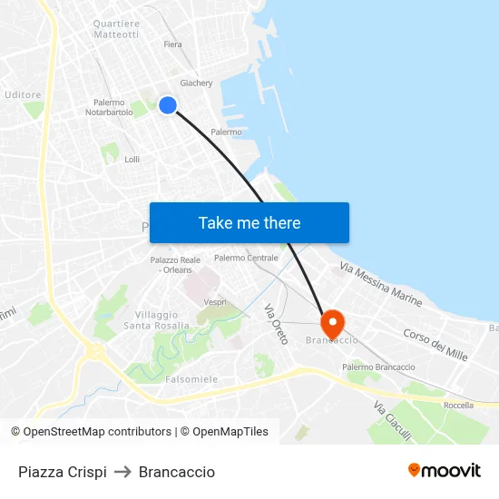 Piazza Crispi to Brancaccio map