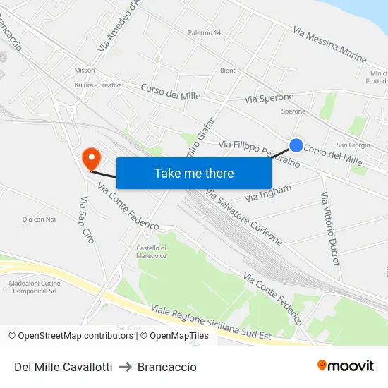 Dei Mille Cavallotti to Brancaccio map