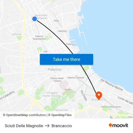 Sciuti Delle Magnolie to Brancaccio map