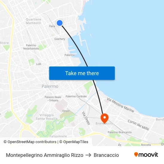 Montepellegrino Ammiraglio Rizzo to Brancaccio map
