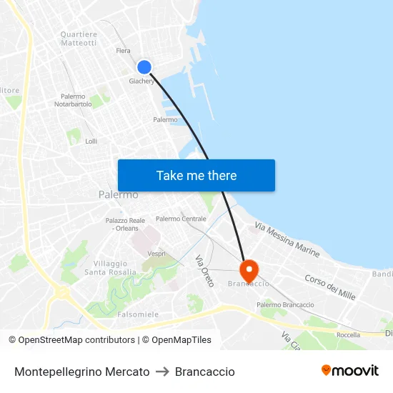 Montepellegrino Mercato to Brancaccio map
