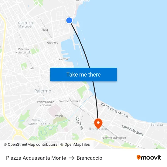 Piazza Acquasanta Monte to Brancaccio map