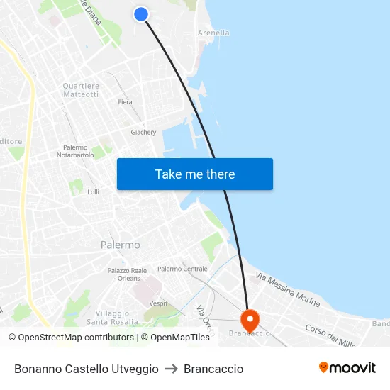 Bonanno Utveggio Castle to Brancaccio map