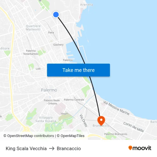 King Scala Vecchia to Brancaccio map