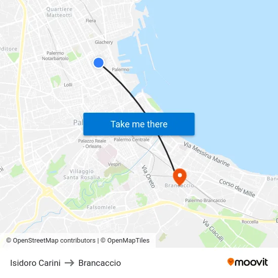 Isidoro Carini to Brancaccio map