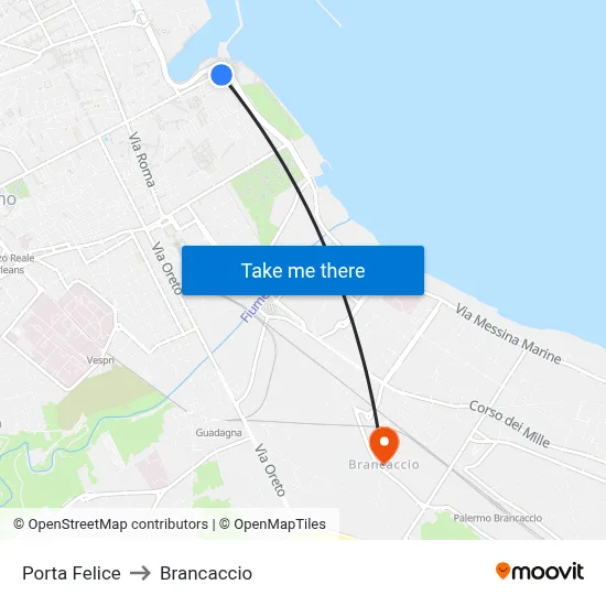 Porta Felice to Brancaccio map