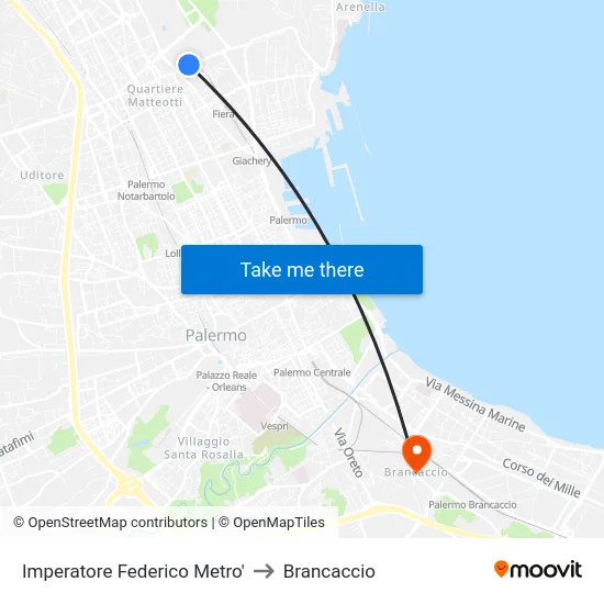 Imperatore Federico Metro' to Brancaccio map