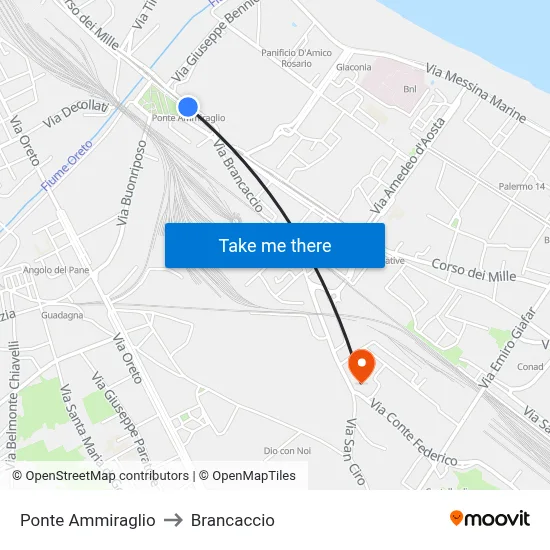 Ponte Ammiraglio to Brancaccio map