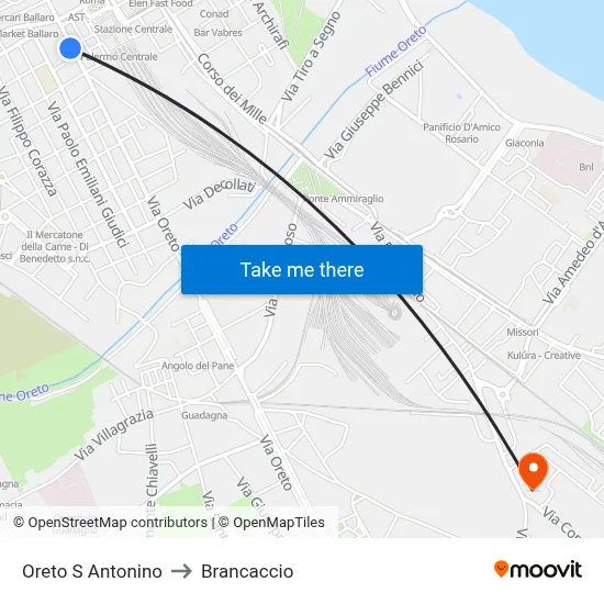 Oreto Sant'Antonino to Brancaccio map