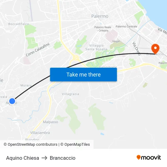 Aquino Chiesa to Brancaccio map