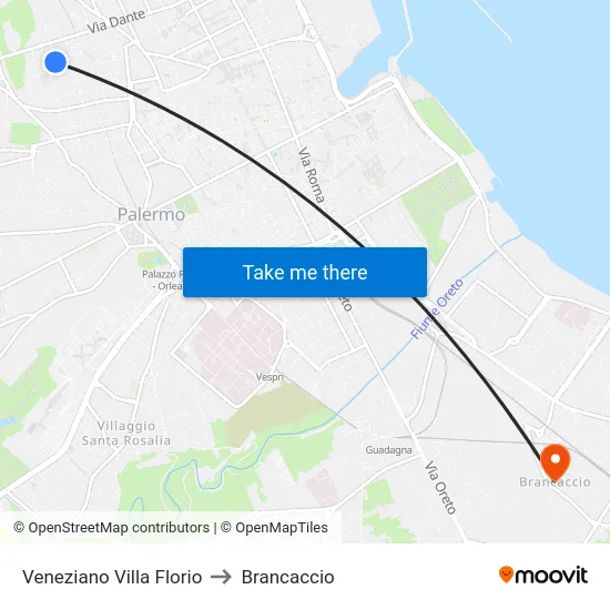 Veneziano Villa Florio to Brancaccio map