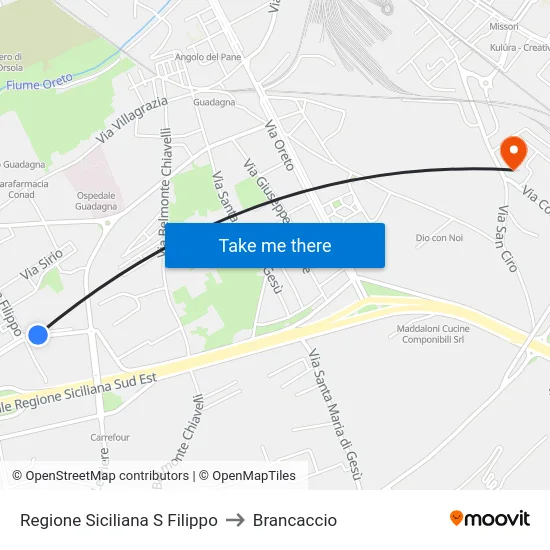 Regione Siciliana S Filippo to Brancaccio map