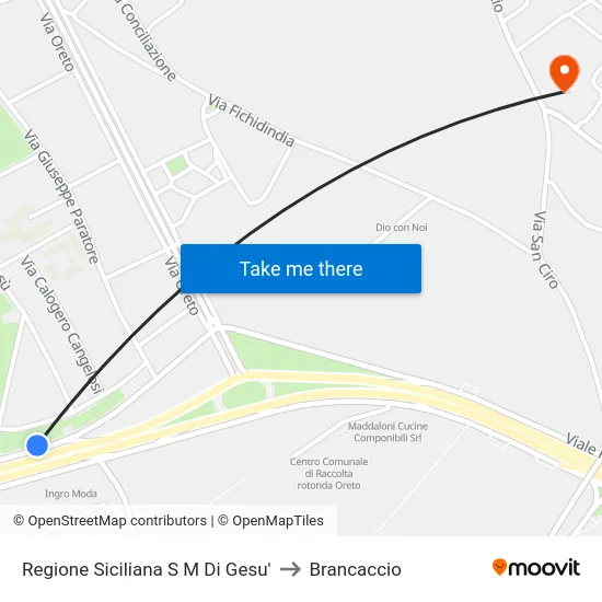 Regione Siciliana S M Di Gesu' to Brancaccio map