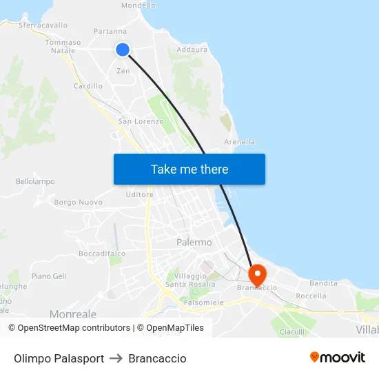 Olimpo Palasport to Brancaccio map