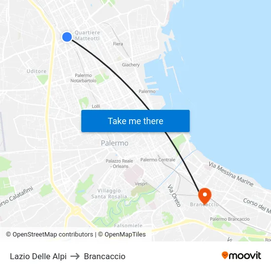 Lazio Delle Alpi to Brancaccio map