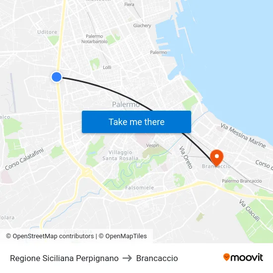 Regione Siciliana Perpignano to Brancaccio map