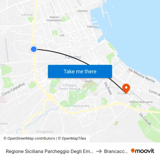 Regione Siciliana Parcheggio Degli Emiri to Brancaccio map