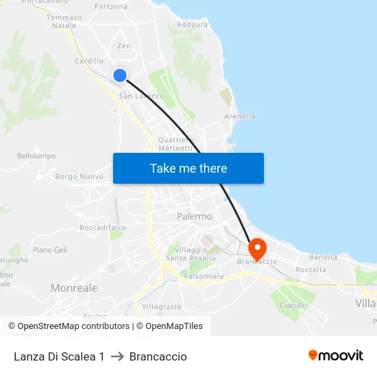 Lanza Di Scalea 1 to Brancaccio map