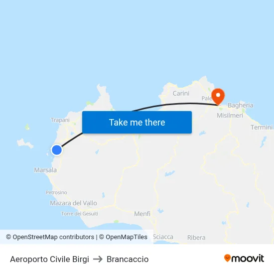 Birgi Civil Airport to Brancaccio map