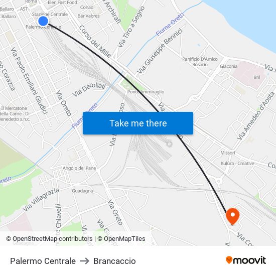 Palermo Centrale to Brancaccio map