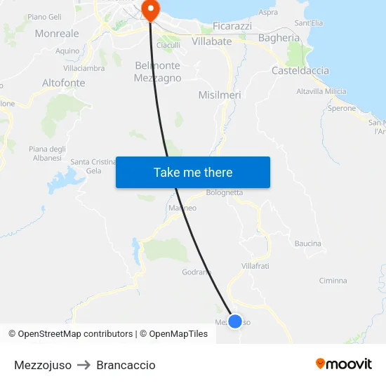 Mezzojuso to Brancaccio map