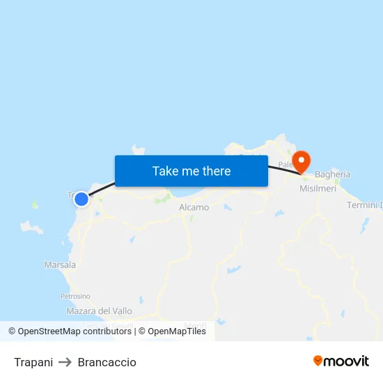 Trapani to Brancaccio map