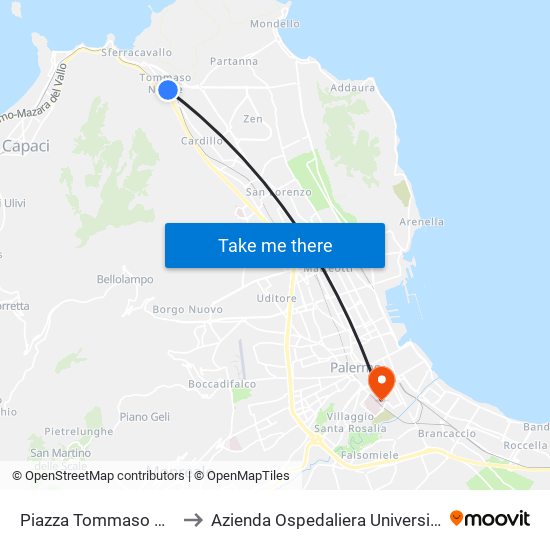 Piazza Tommaso Natale - Piazza Mandorle to Azienda Ospedaliera Universitaria Policlinico ""Paolo Giaccone"" map