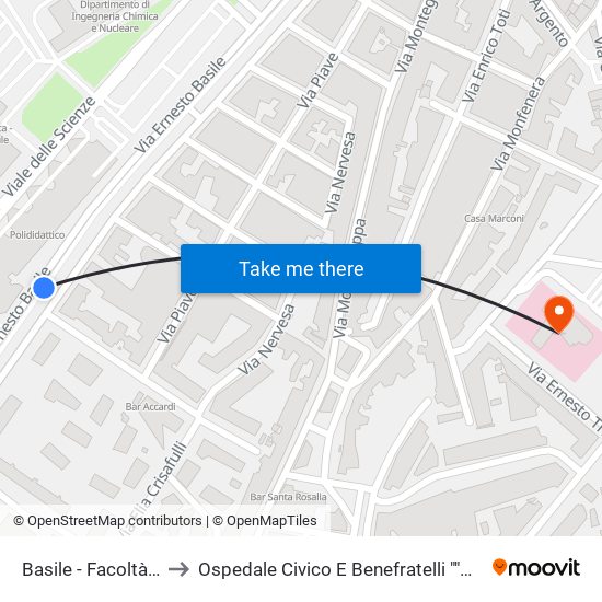 Basile - Facoltà Di Ingegneria to Ospedale Civico E Benefratelli ""G. Di Cristina"" E ""M. Ascoli"" map