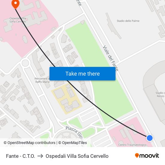 Fante - C.T.O. to Ospedali Villa Sofia Cervello map