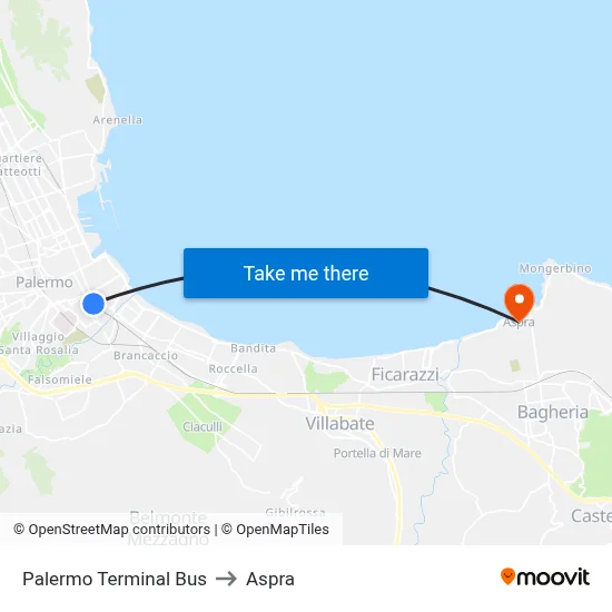 Palermo Terminal Bus to Aspra map