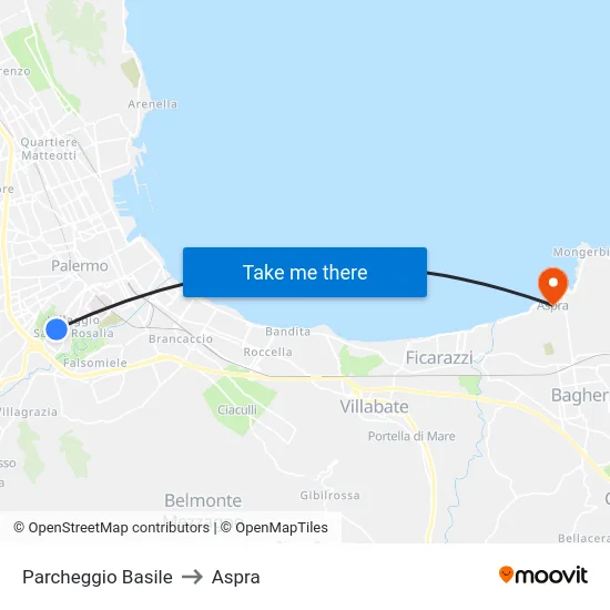 Parcheggio Basile to Aspra map